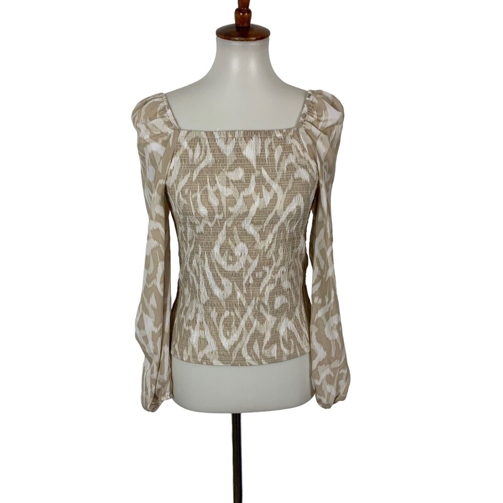 Halogen Lace Blouse XS Nude Beige‎ Long Sleeve Mesh Elegant Stretchy